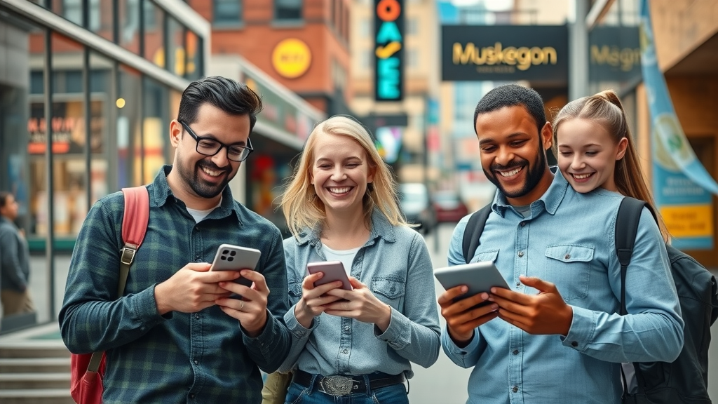 Digital marketing Muskegon: vibrant downtown with small business owners using digital devices, modern storefronts, marketing signage