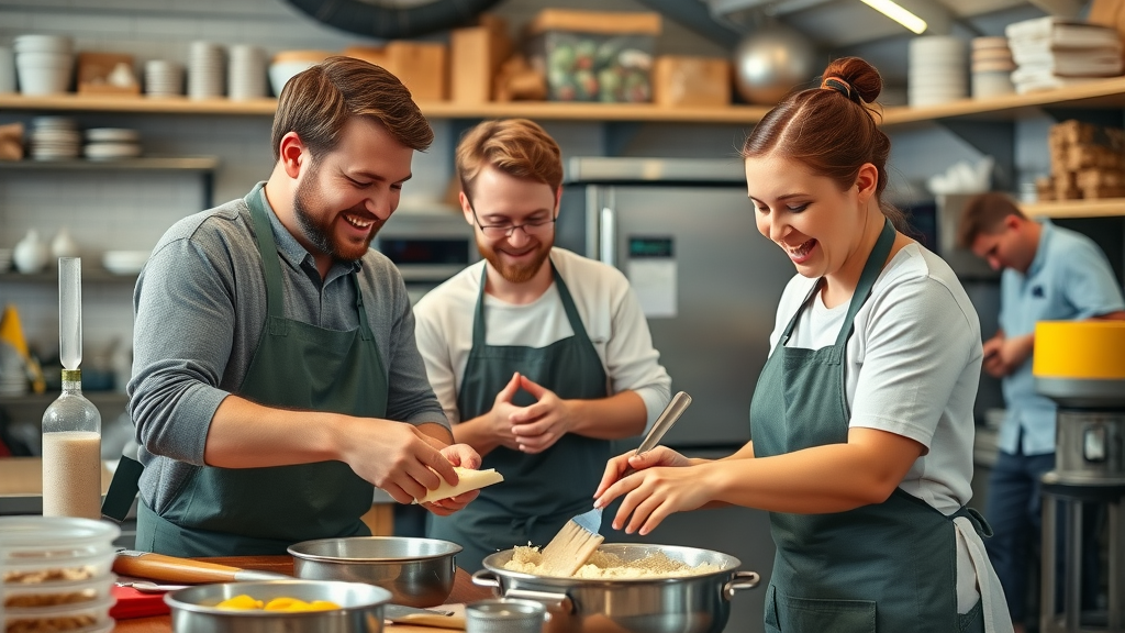 friendly Muskegon staff candidly preparing products, detailed shop setting, hands naturally posed, vivid and cheerful colors, kitchen workshop, 24mm lens
