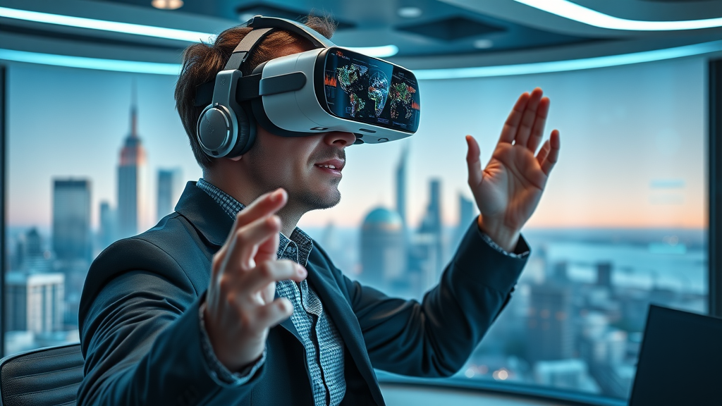forward-thinking marketer in Muskegon using VR headset, digital marketing age, data visualization, immersive analytics, Muskegon skyline