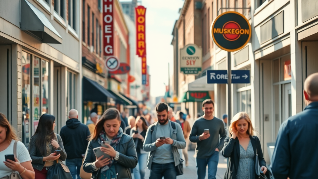 Vibrant downtown Muskegon bustling with digital device usage local online advertising Muskegon