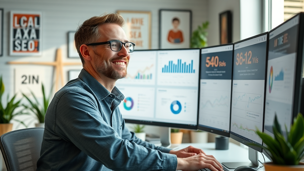 local business SEO strategies data analyst reviewing local SEO metrics and visual dashboards