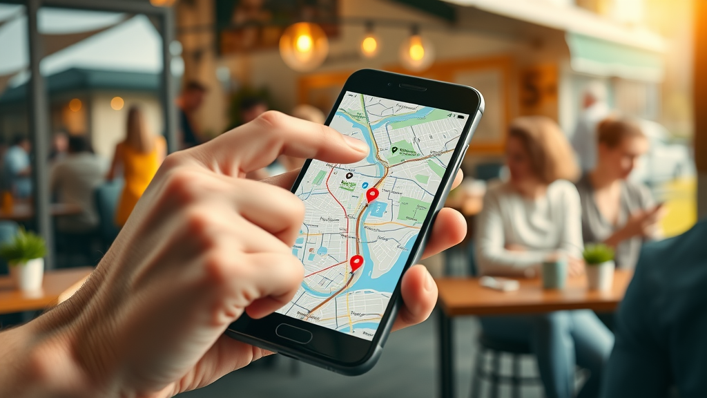 local SEO optimization using smartphone google maps location pins local search cafe background