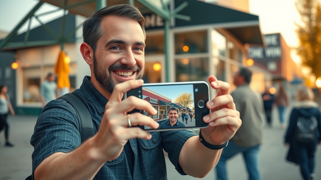 Energetic Muskegon business owner filming vibrant social media content outside their store