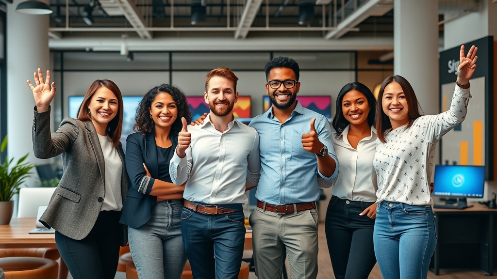 digital marketing agencies Muskegon, diverse team members from leading agencies in stylish modern office