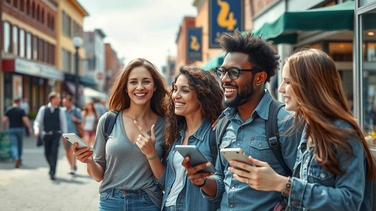 modern downtown Muskegon Michigan, energetic small business owners, engaging with community and digital devices, lively main street background with recognizable Muskegon landmarks
