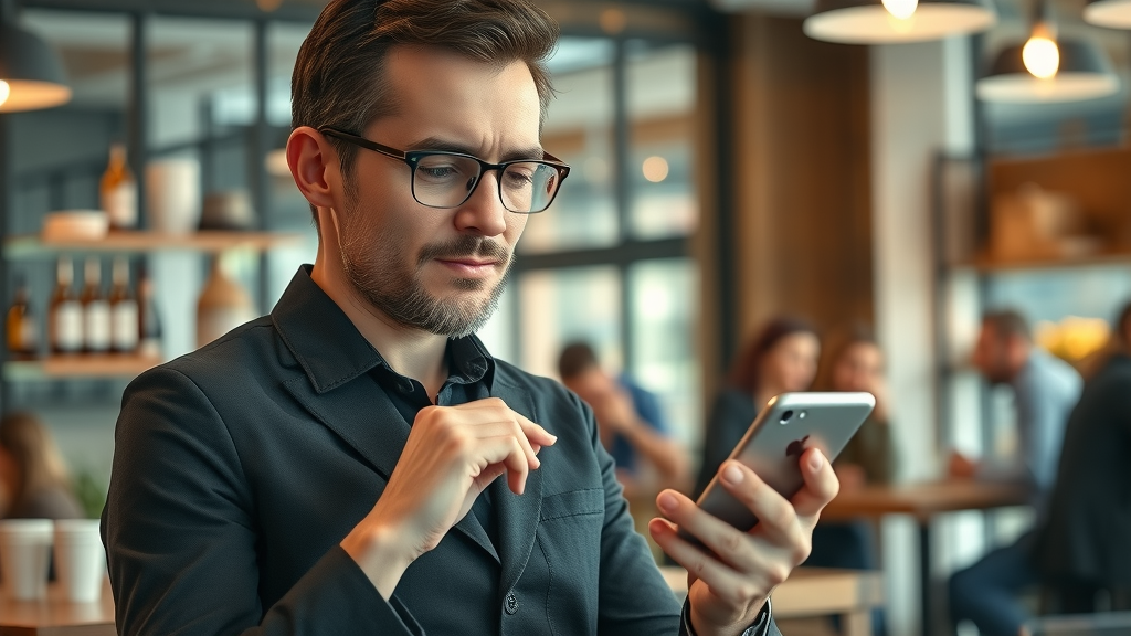 Thoughtful manager responding to Google reviews on smartphone to improve Google Maps ranking