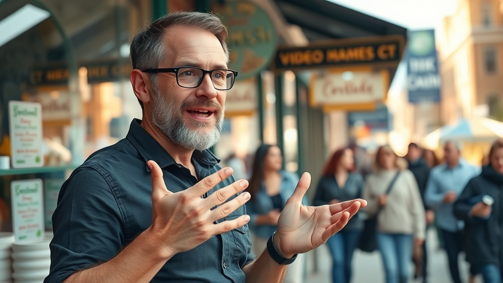 vibrant small business owner in Muskegon Heights confidently explaining video strategy, downtown Muskegon storefront, people interacting, no disfigured features, bright natural daylight, 50mm lens, local signage visible