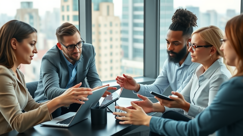 digital marketing strategies Muskegon: business team analyzing digital marketing data in a Muskegon office, city view, modern web design and local SEO collaboration
