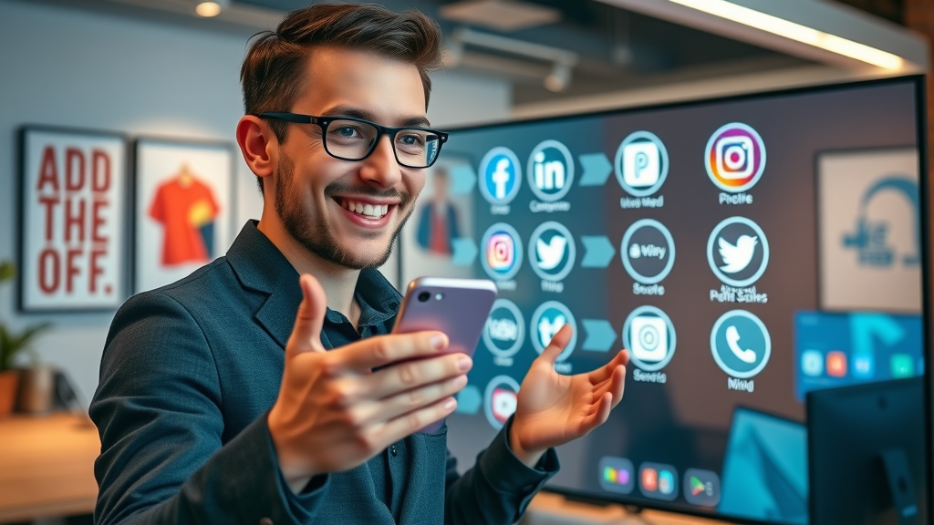 Young business owner connecting custom app features for local businesses to various social media platforms on a digital interactive screen