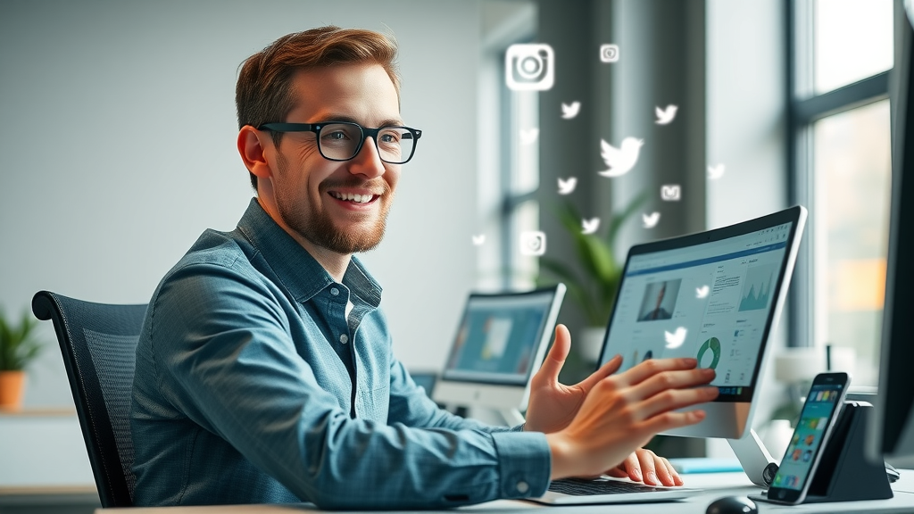 marketer using multiple social media management tools in a modern office
