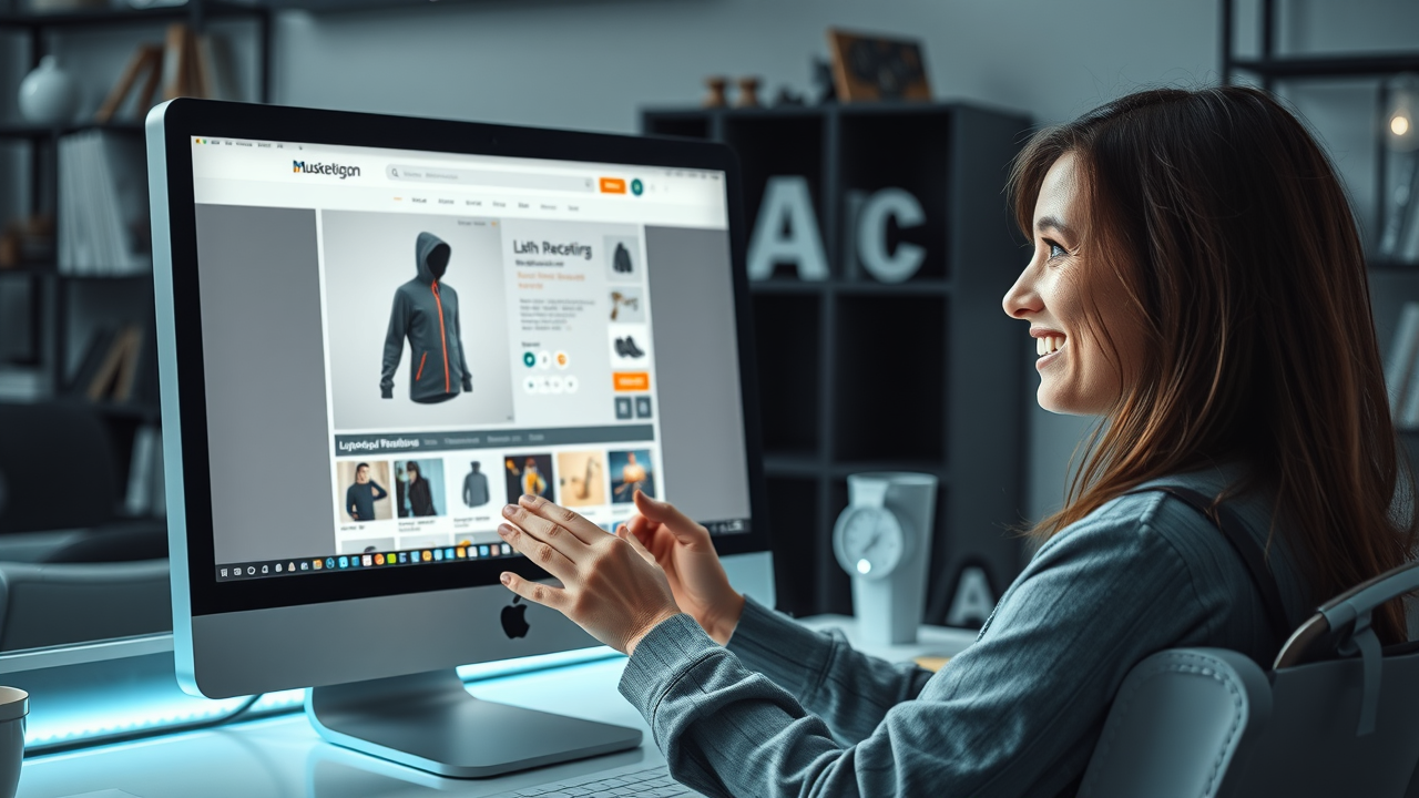 shopper browsing updated product page, satisfied, immersive product features, e-commerce desktop display with Muskegon theme