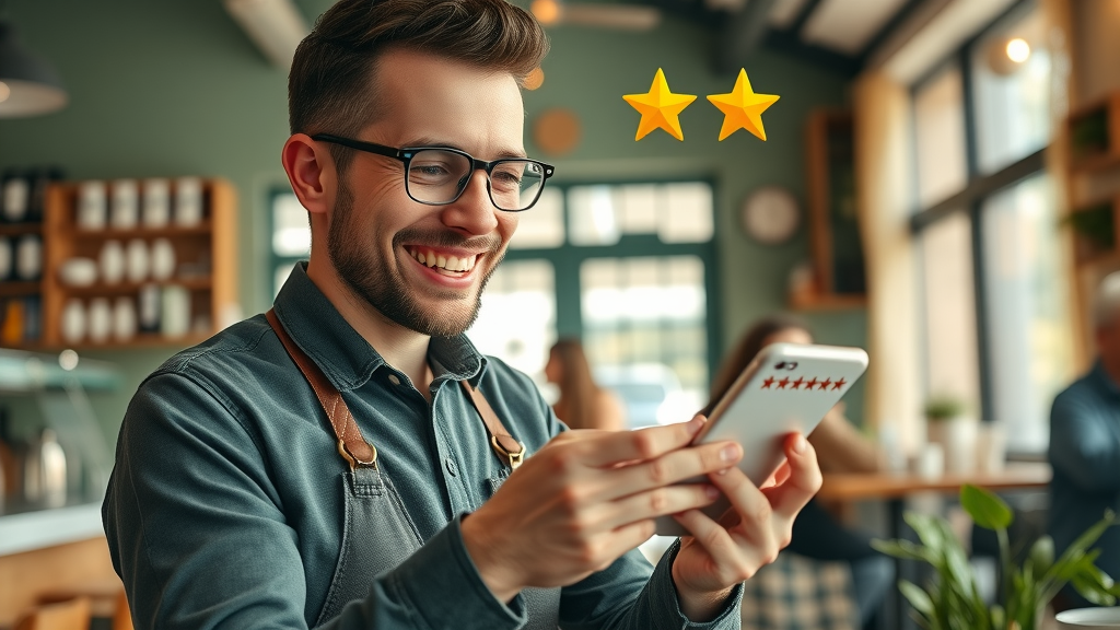 small business owner replying to customer reviews on a smartphone, enhancing local ranking and maps ranking with positive engagement