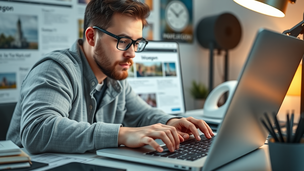 Web design for Muskegon small business, local designer creating a responsive website, detailed workspace with Muskegon branding