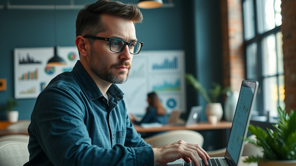 professional SEO specialist enhancing online brand awareness Muskegon, focused on laptop analyzing local business keyword trends, coworking space with SEO charts, daytime lighting