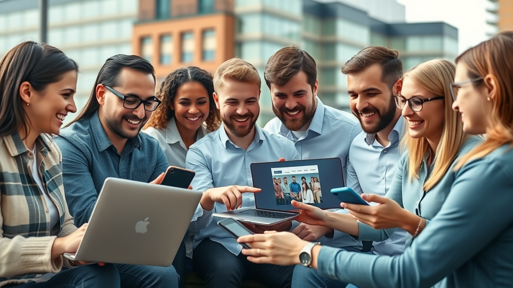 Vibrant group of Muskegon business owners collaborating on launching online campaigns in Muskegon, with Muskegon County digital marketing platforms and campaign graphics visible, in downtown Muskegon with local landmarks
