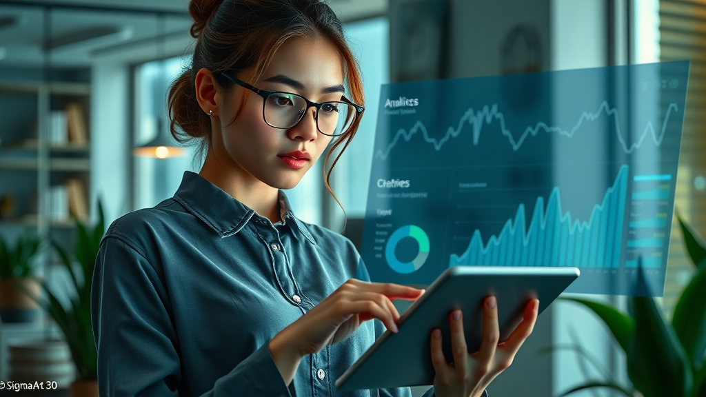 Entrepreneur analyzing business analytics on mobile app in modern office, collecting data for growth