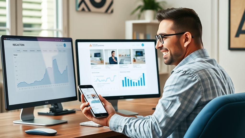 Modern desktop and mobile screens displaying an engaging local Muskegon, MI business website, owner proud of web design and online presence