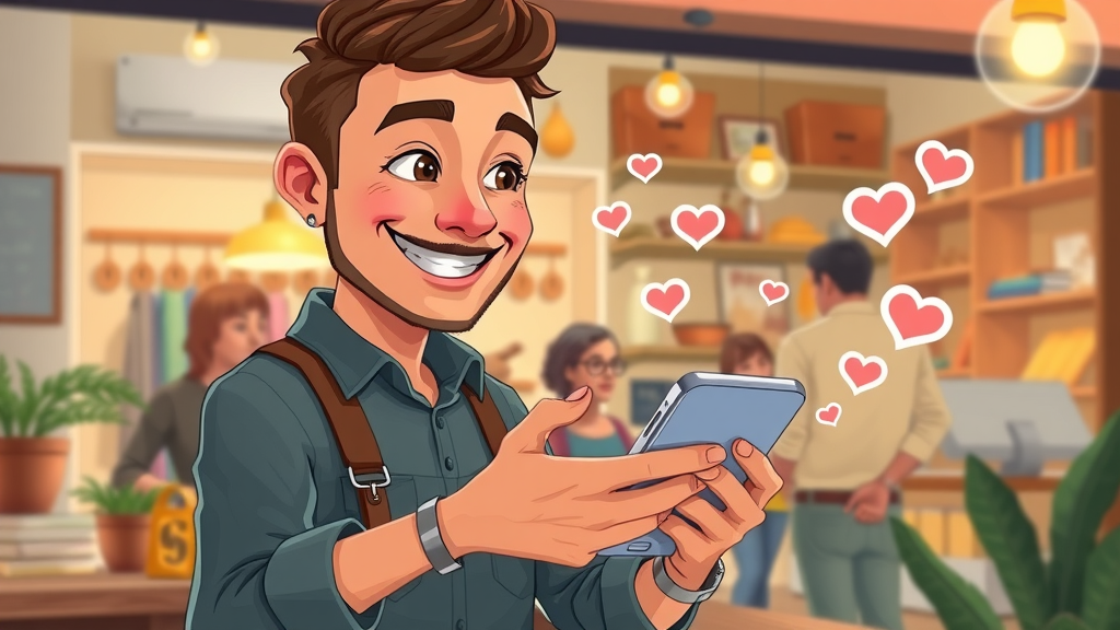 small business owner engaging with community on social media, social media engagement, cozy storefront, search engine optimization, cartoon style