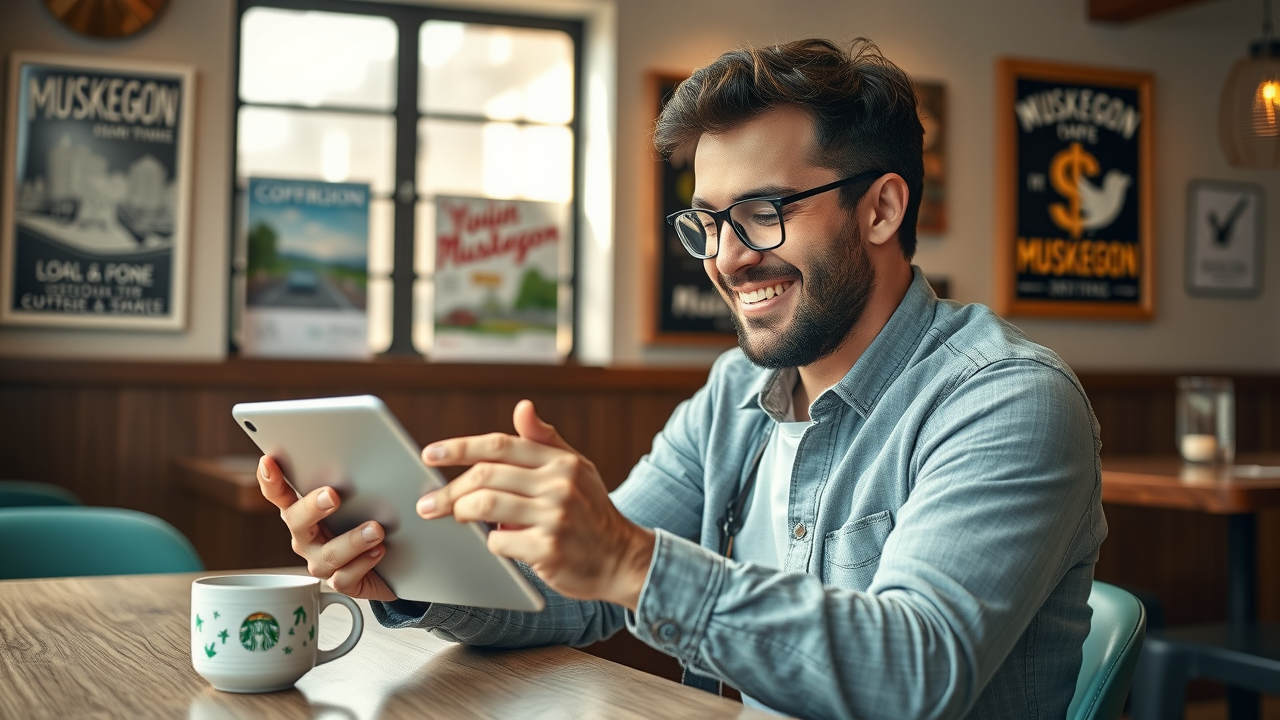 Muskegon business owner planning custom social media marketing plan in a coffee shop