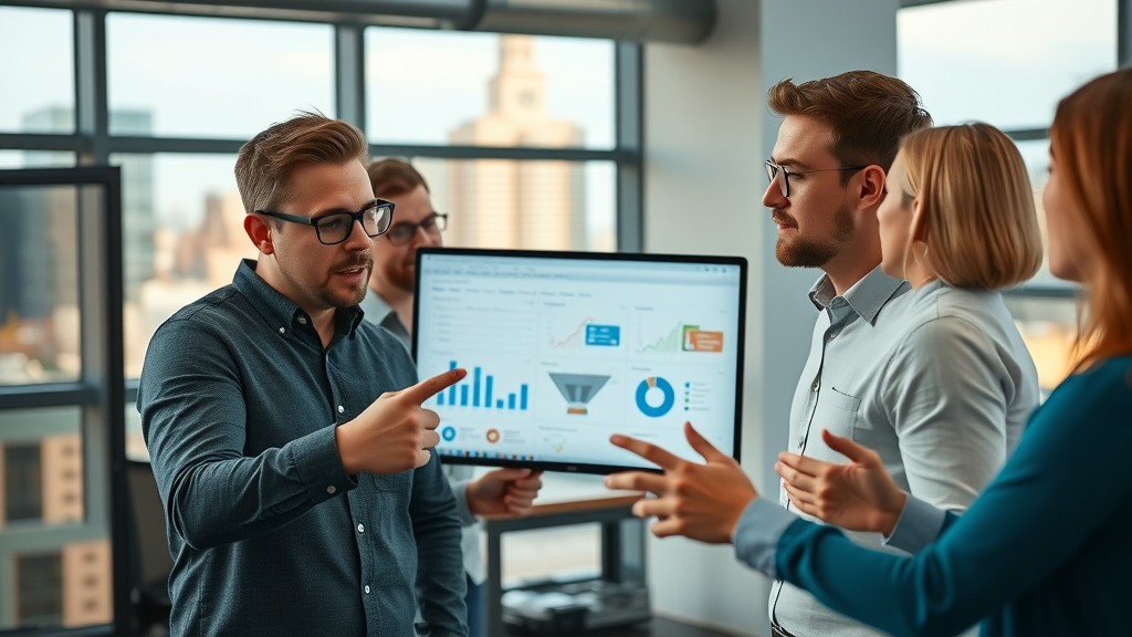 Marketing agency strategizing: Creative digital marketing team with Muskegon skyline, planning analytics and marketing funnels