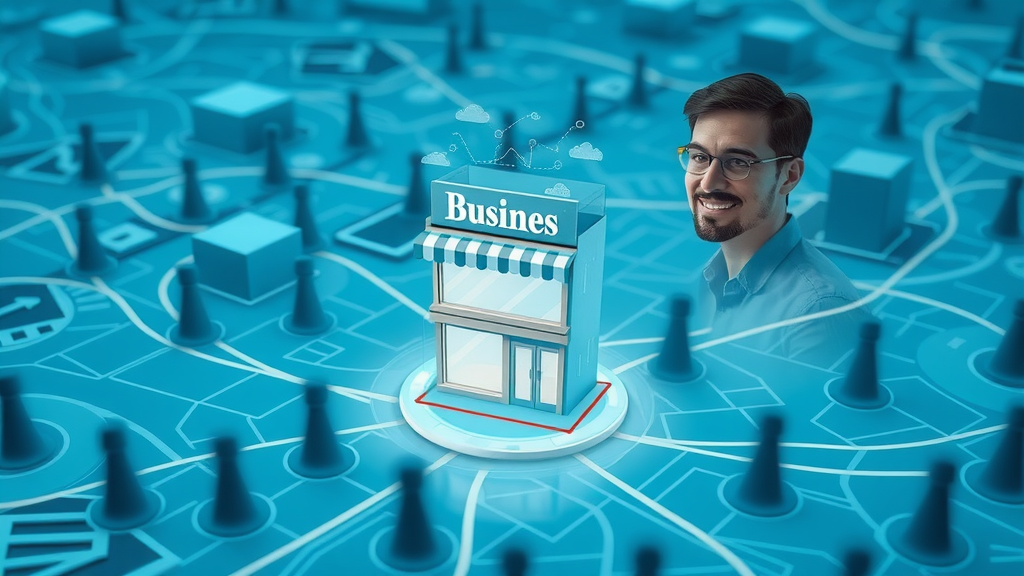 dynamic illustration of a business standing out on a digital map interface, Google Map ranking high among competitors, business owner satisfied, showing analytics and maps ranking factors