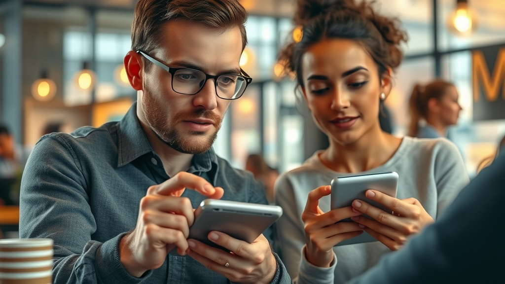 Increase online presence Muskegon: Muskegon consumers engaging with digital devices in a modern coffee shop, searching for local businesses