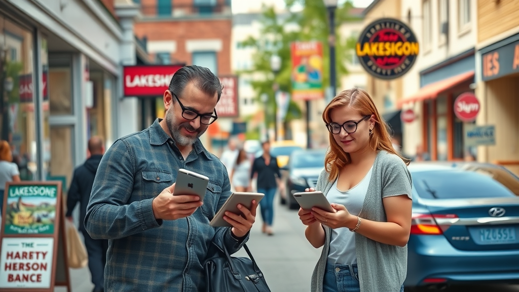 vibrant downtown Muskegon street illustrating PPC advertising Muskegon impact, small businesses thriving, local signage, energetic owners using digital tablets, lakeshore buildings