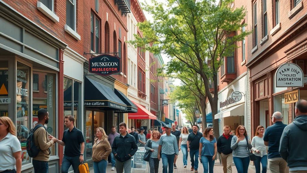 Muskegon small business marketing vibrant downtown storefronts and business owners interacting with customers