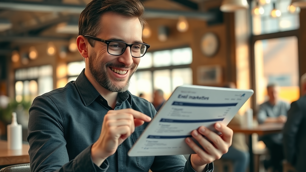 email marketing Muskegon MI business owner reviewing high ROI report at Muskegon cafe