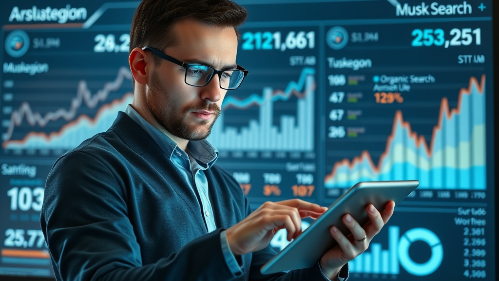 Digital marketing agency specialist reviewing search engine analytics with Muskegon MI data, digital dashboard