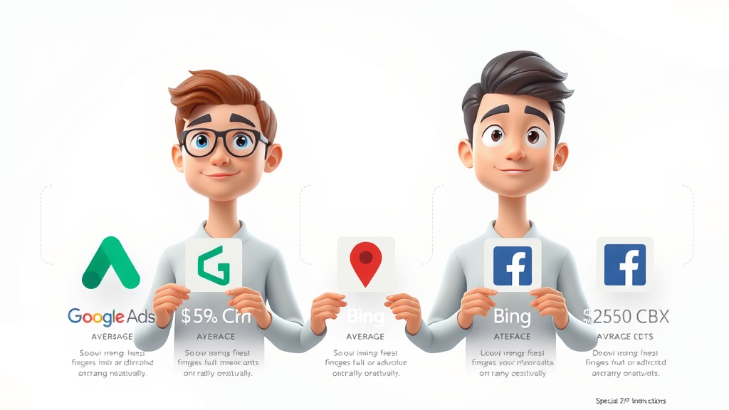 Infographic of top PPC ad platforms including Google Ads, Bing, and Facebook with average cost per click values and visual representation of market share