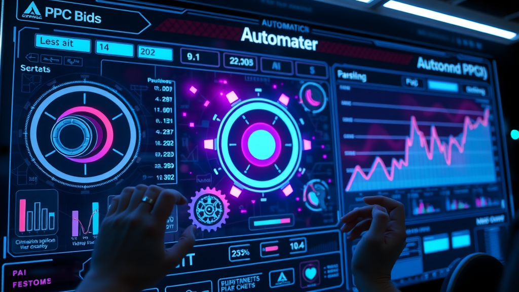 AI-powered dashboard automating cost per click and PPC ad campaign management, showcasing algorithmic optimization and futuristic UI