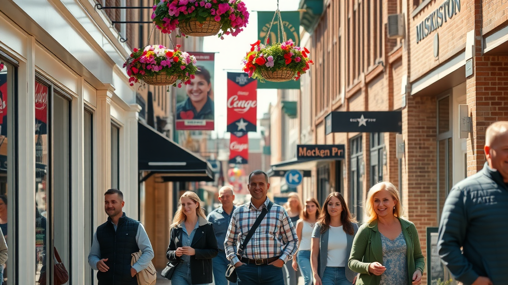 vibrant downtown Muskegon main street with bustling small businesses and smiling customers - Muskegon local business marketing