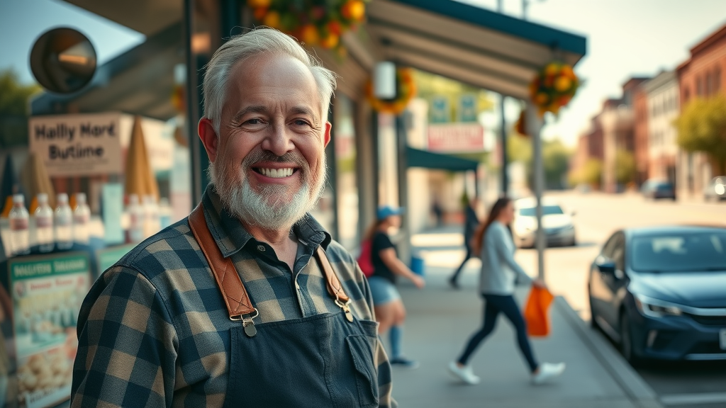 cheerful Muskegon business owner front of storefront, google business listing muskegon, sunny afternoon, busy street