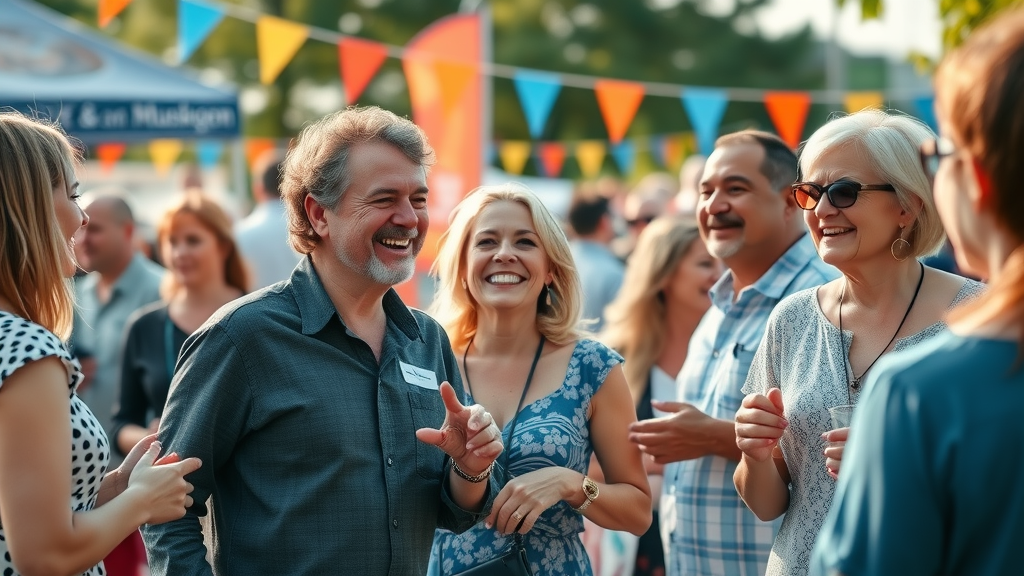 Community event highlighting successful marketing strategy for Muskegon campaign, with Muskegon residents and business networking at Muskegon lakeshore park, banners referencing Muskegon County marketing
