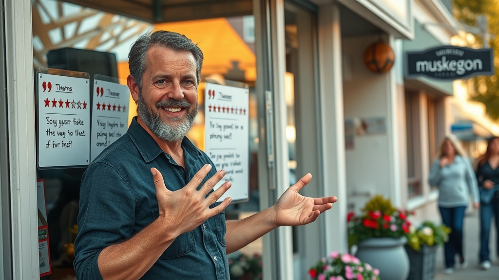 Downtown Muskegon business owner posting customer reviews as part of social proof strategy.