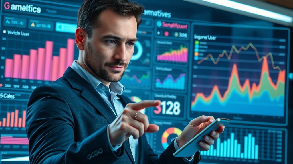 segmenting app users mobile dashboard user analytics colorful charts and analyst reviewing data