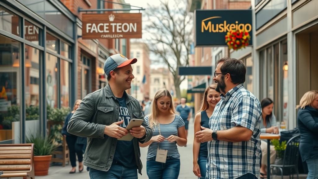 digital marketing agencies Muskegon bustling business district, local entrepreneurs, downtown Muskegon shops and cafes, energetic city street