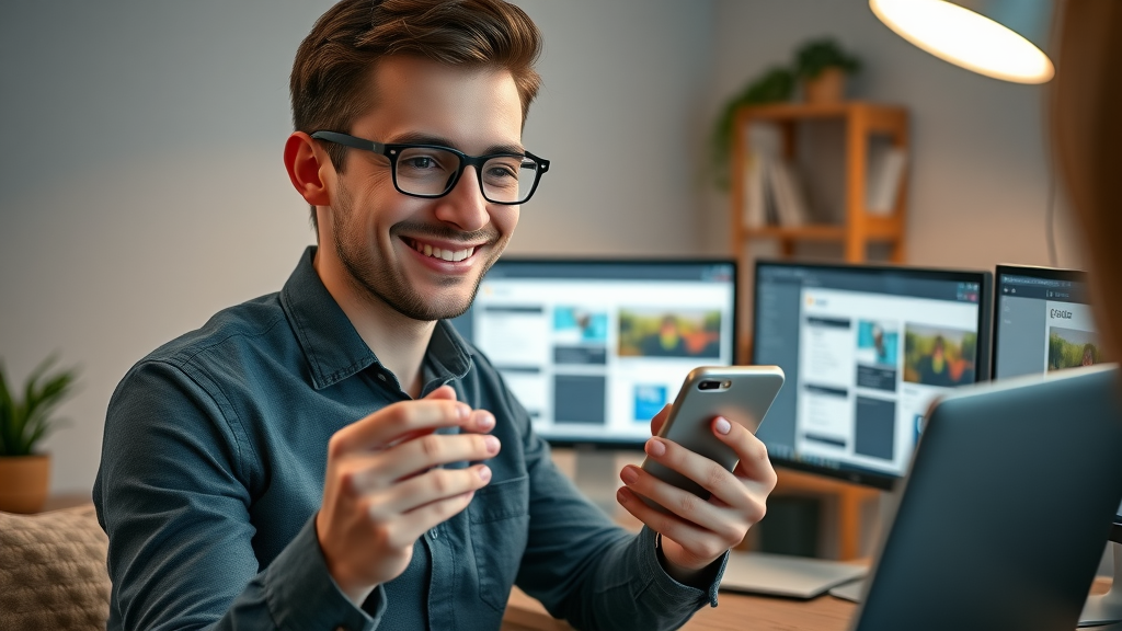 local SEO optimization young entrepreneur testing responsive business website smartphone