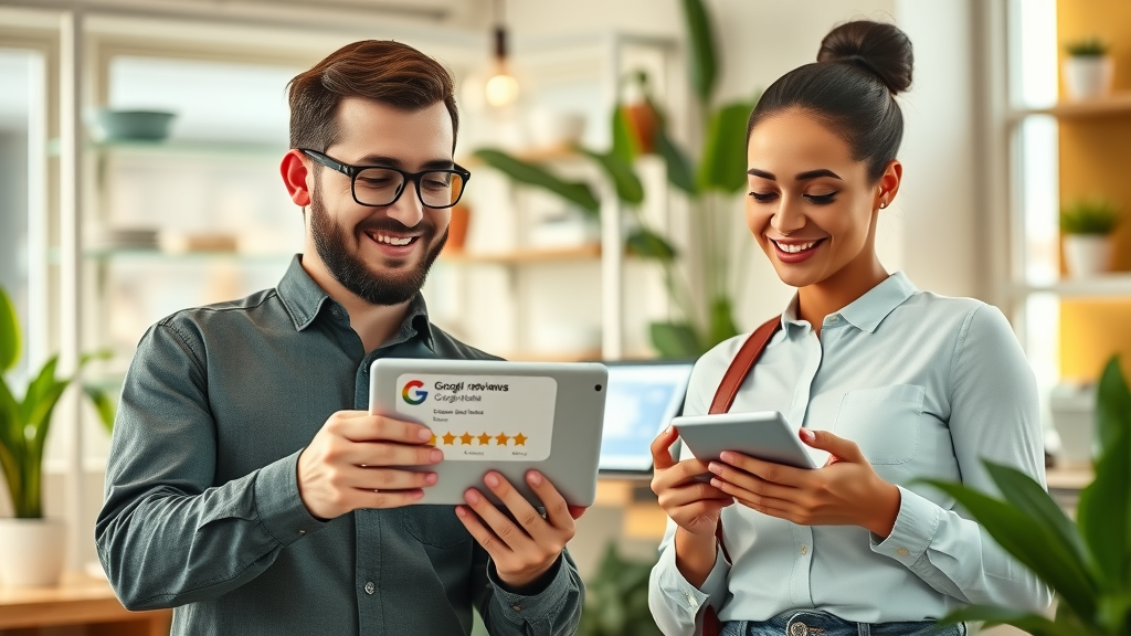Muskegon business owners reading positive Google reviews with happy customers in coffee shop - google reviews Muskegon