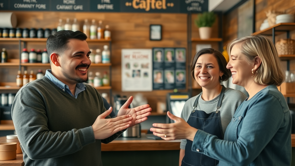 welcoming Muskegon business team in cozy shop, lively discussion, realistic, interior with community board and products, ambient light, detailed, hands naturally posed, 85mm lens