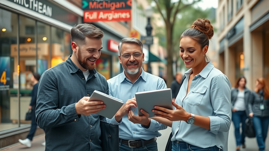 digital marketing trends Michigan business owners analyzing digital marketing analytics in a vibrant Michigan downtown small business environment