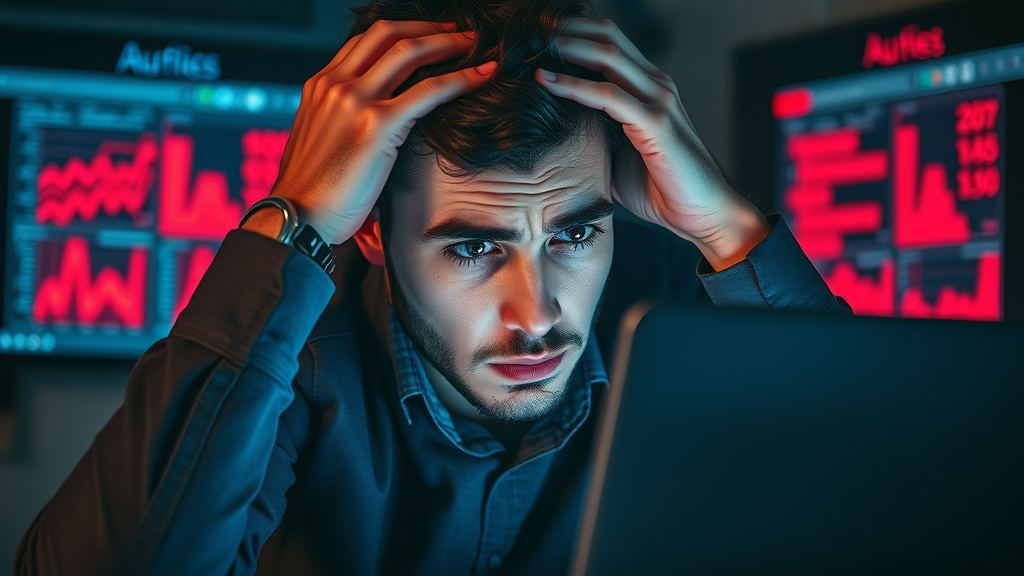 Frustrated marketer overwhelmed by poor PPC advertising Muskegon results and analytics in dim workspace.