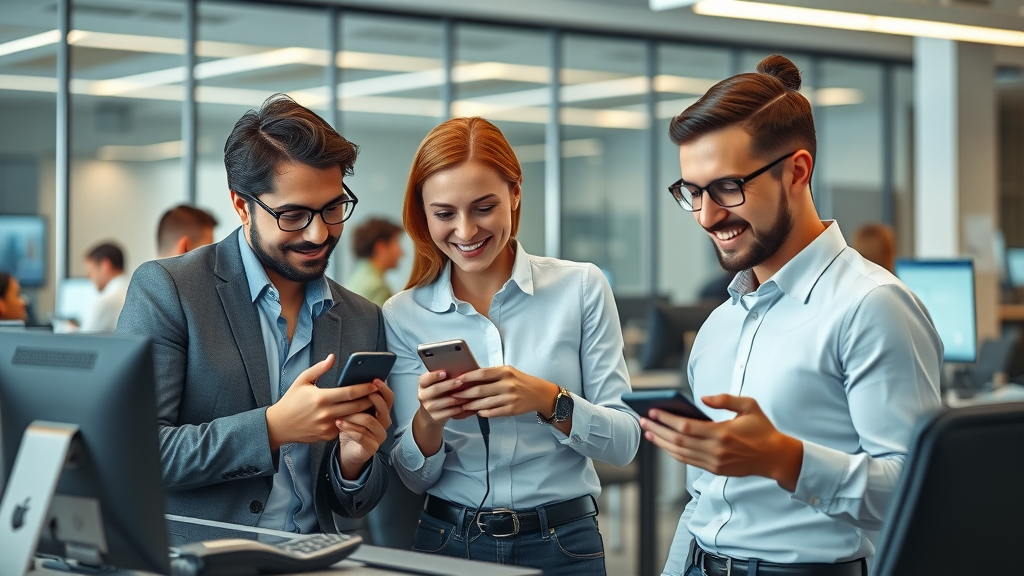 modern small business office with employees collaborating around mobile devices and business phone systems