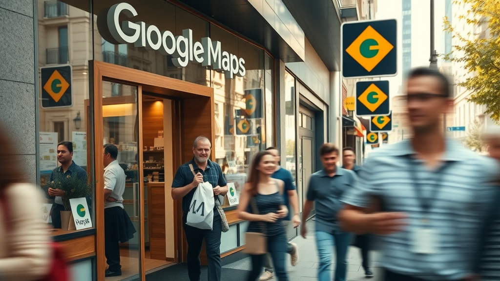 modern storefront with customers entering after using Google Maps, showing maps ranking through increased foot traffic