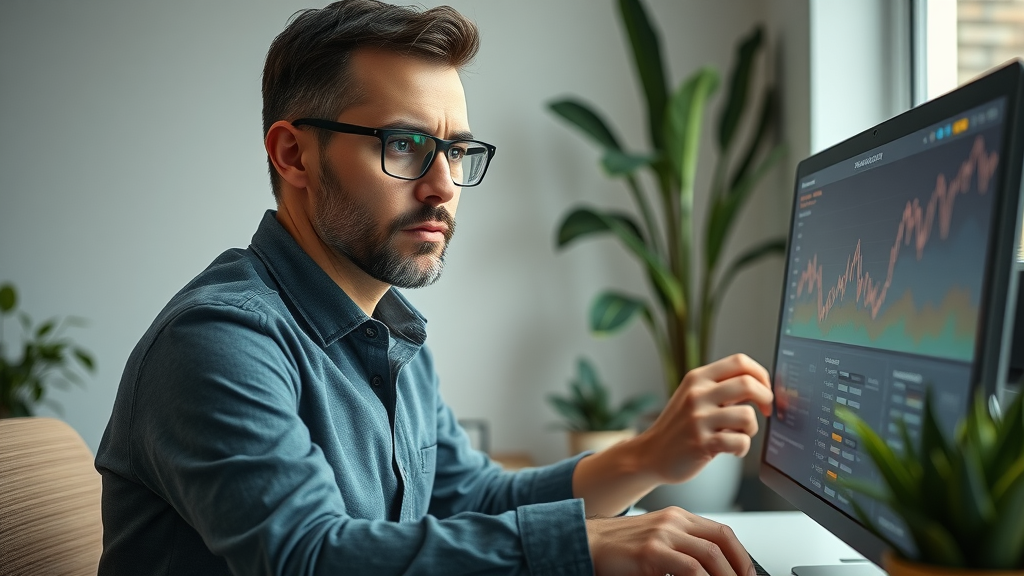 analytical entrepreneur reviewing ranking charts on a desktop monitor with digital metrics, tracking maps ranking improvements
