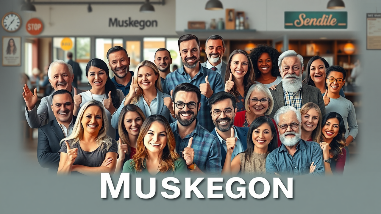 Collage showing Muskegon business owners and customers engaging in social proof activities downtown.