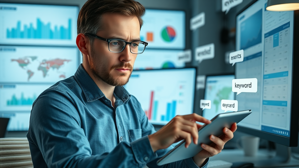 local SEO optimization digital professional using keyword planning tablet workspace local audience