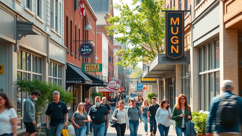 Vibrant Muskegon downtown business district bustling with pedestrians and local storefronts, showcasing local SEO Muskegon impact