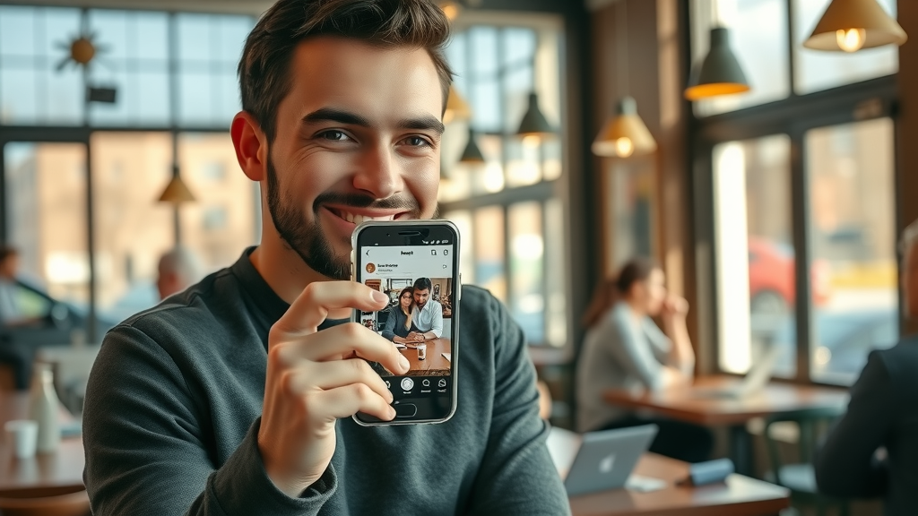 influential Muskegon social media influencer elevating online brand awareness Muskegon, smartphone brand post, cozy coffee shop, vibrant social engagement, natural lighting
